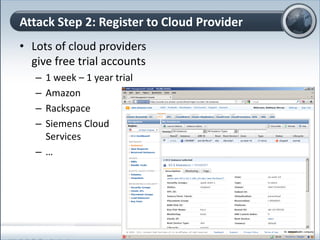 • Lots of cloud providers
give free trial accounts
– 1 week – 1 year trial
– Amazon
– Rackspace
– Siemens Cloud
Services
– …
Attack Step 2: Register to Cloud Provider
29
 