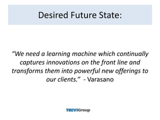 Desired Future State:


“We need a learning machine which continually
   captures innovations on the front line and
transforms them into powerful new offerings to
            our clients.” - Varasano
 