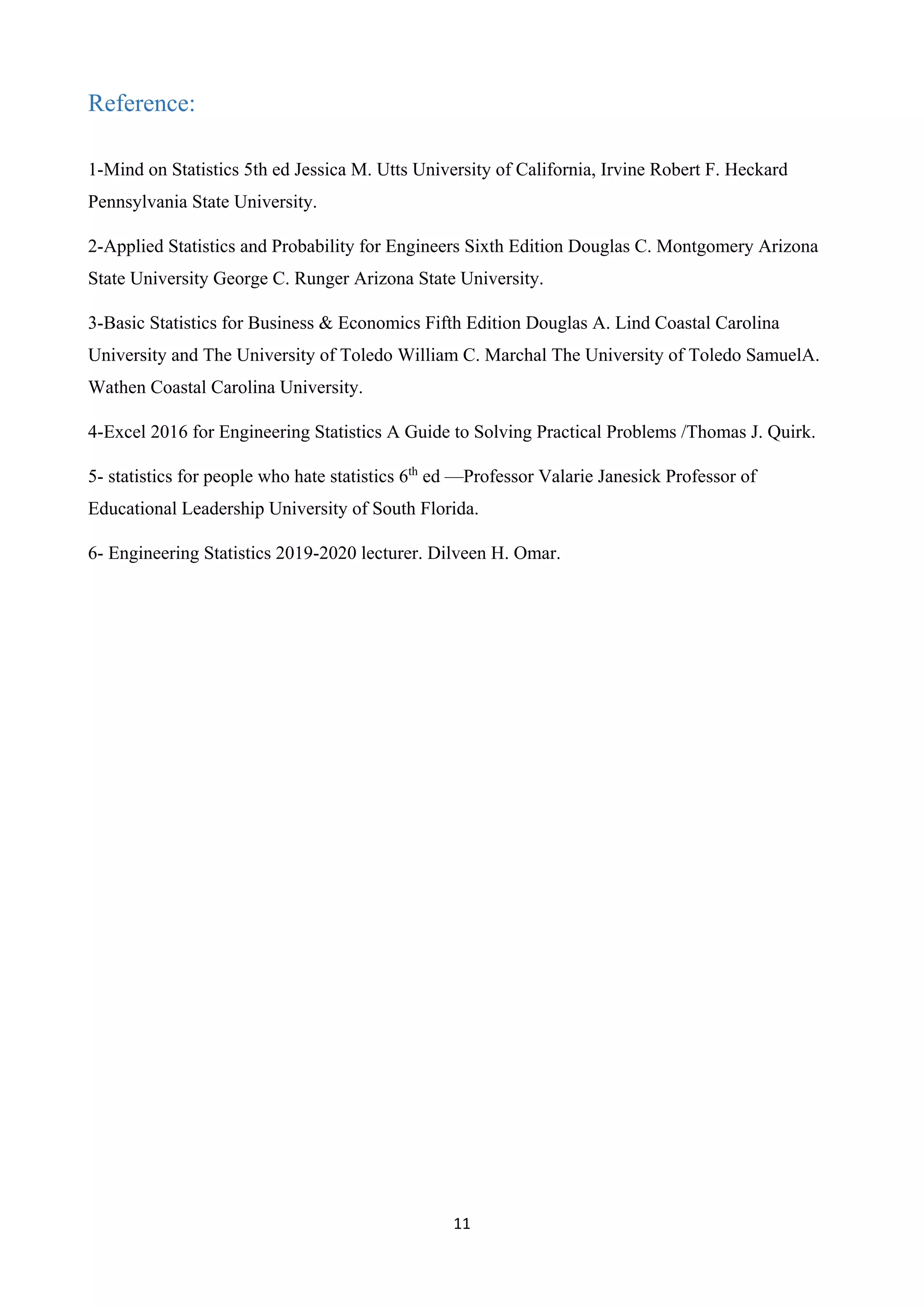 11
Reference:
1-Mind on Statistics 5th ed Jessica M. Utts University of California, Irvine Robert F. Heckard
Pennsylvania State University.
2-Applied Statistics and Probability for Engineers Sixth Edition Douglas C. Montgomery Arizona
State University George C. Runger Arizona State University.
3-Basic Statistics for Business & Economics Fifth Edition Douglas A. Lind Coastal Carolina
University and The University of Toledo William C. Marchal The University of Toledo SamuelA.
Wathen Coastal Carolina University.
4-Excel 2016 for Engineering Statistics A Guide to Solving Practical Problems /Thomas J. Quirk.
5- statistics for people who hate statistics 6th
ed —Professor Valarie Janesick Professor of
Educational Leadership University of South Florida.
6- Engineering Statistics 2019-2020 lecturer. Dilveen H. Omar.
 