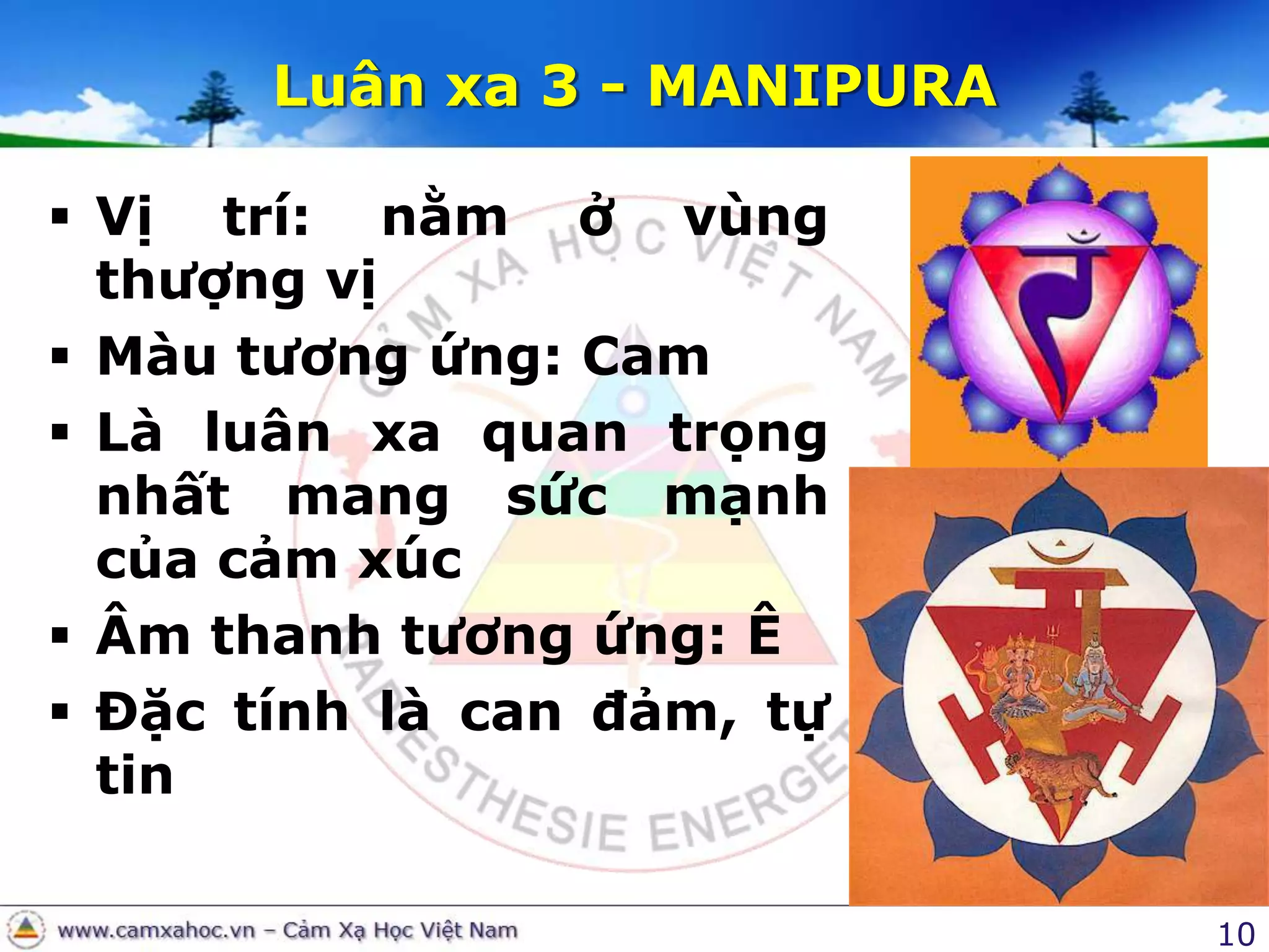 10Luân xa 3 - MANIPURAVị trí: nằm ở vùng thượng vịMàu tương ứng: CamLà luân xa quan trọng nhất mang sức mạnh của cảm xúcÂm thanh tương ứng: ÊĐặc tính là can đảm, tự tin