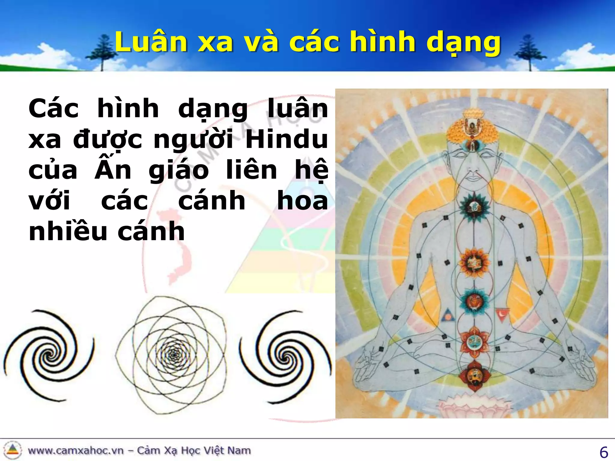 6Luân xa và các hình dạngCác hình dạng luân xa được người Hindu của Ấn giáo liên hệ với các cánh hoa nhiều cánh