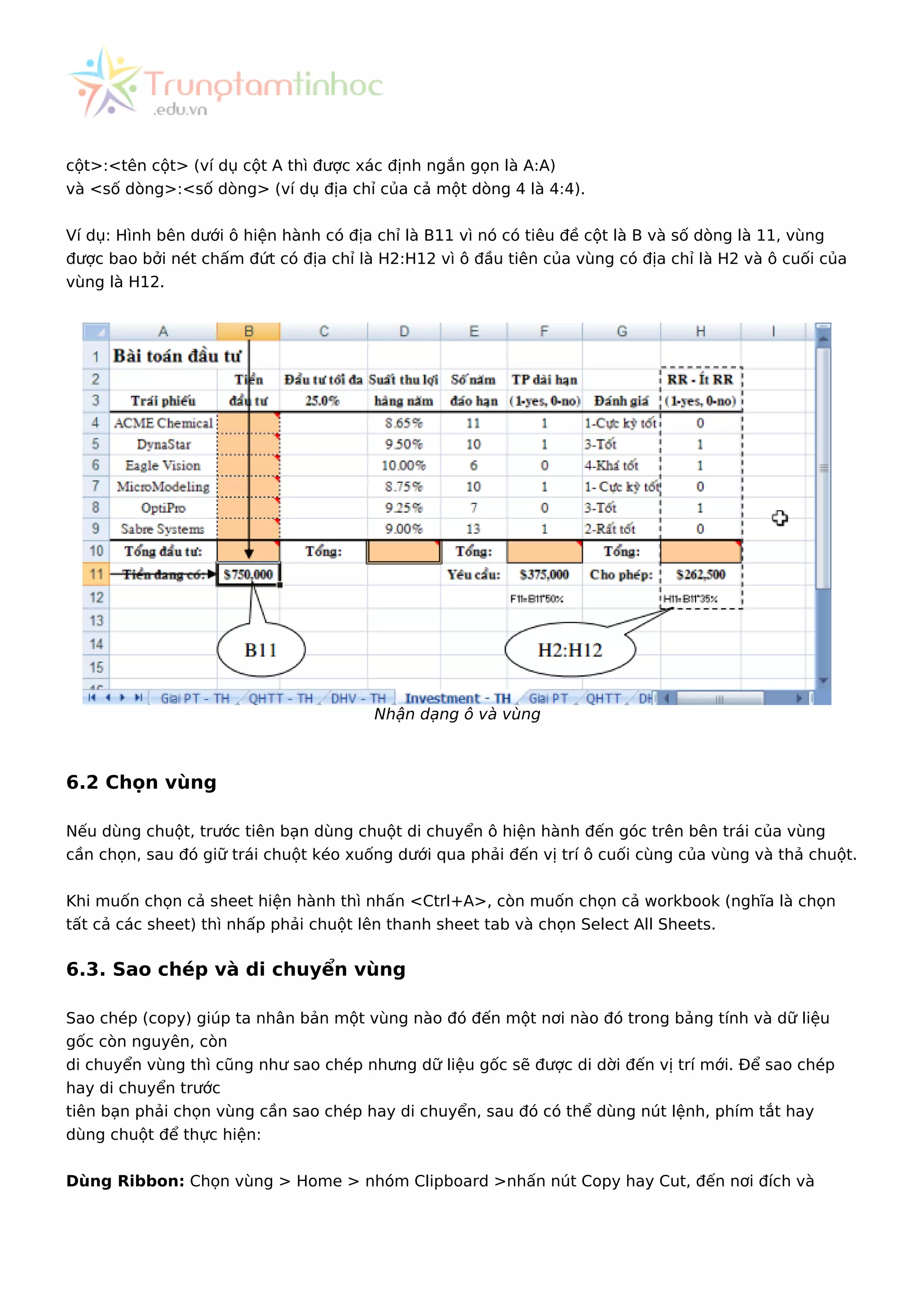 cột>:<tên cột> (ví dụ cột A thì được xác định ngắn gọn là A:A)
và <số dòng>:<số dòng> (ví dụ địa chỉ của cả một dòng 4 là 4:4).
Ví dụ: Hình bên dưới ô hiện hành có địa chỉ là B11 vì nó có tiêu đề cột là B và số dòng là 11, vùng
được bao bởi nét chấm đứt có địa chỉ là H2:H12 vì ô đầu tiên của vùng có địa chỉ là H2 và ô cuối của
vùng là H12.
Nhận dạng ô và vùng
6.2 Chọn vùng
Nếu dùng chuột, trước tiên bạn dùng chuột di chuyển ô hiện hành đến góc trên bên trái của vùng
cần chọn, sau đó giữ trái chuột kéo xuống dưới qua phải đến vị trí ô cuối cùng của vùng và thả chuột.
Khi muốn chọn cả sheet hiện hành thì nhấn <Ctrl+A>, còn muốn chọn cả workbook (nghĩa là chọn
tất cả các sheet) thì nhấp phải chuột lên thanh sheet tab và chọn Select All Sheets.
6.3. Sao chép và di chuyển vùng
Sao chép (copy) giúp ta nhân bản một vùng nào đó đến một nơi nào đó trong bảng tính và dữ liệu
gốc còn nguyên, còn
di chuyển vùng thì cũng như sao chép nhưng dữ liệu gốc sẽ được di dời đến vị trí mới. Để sao chép
hay di chuyển trước
tiên bạn phải chọn vùng cần sao chép hay di chuyển, sau đó có thể dùng nút lệnh, phím tắt hay
dùng chuột để thực hiện:
Dùng Ribbon: Chọn vùng > Home > nhóm Clipboard >nhấn nút Copy hay Cut, đến nơi đích và
 