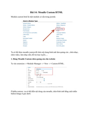 Bài 14: Moudle Custom HTML
Module custom html là một module có sẳn trong joomla




Ta có thể dùm moudle custom để chèn nội dung hình ảnh làm quảng cáo , chèn nhạc,
chèn video, làm nhạc nền, hỗ trợ trực tuyến.....

1. Dùng Moudle Custom chèn quảng cáo cho website

Ta vào extension -->Module Manager --> New --> Custom HTML.




Ở phần custom : ta có thể điền nội dung của moudle, chèn hình ảnh bằng cách nhấn
button Image ở góc dưới.
 