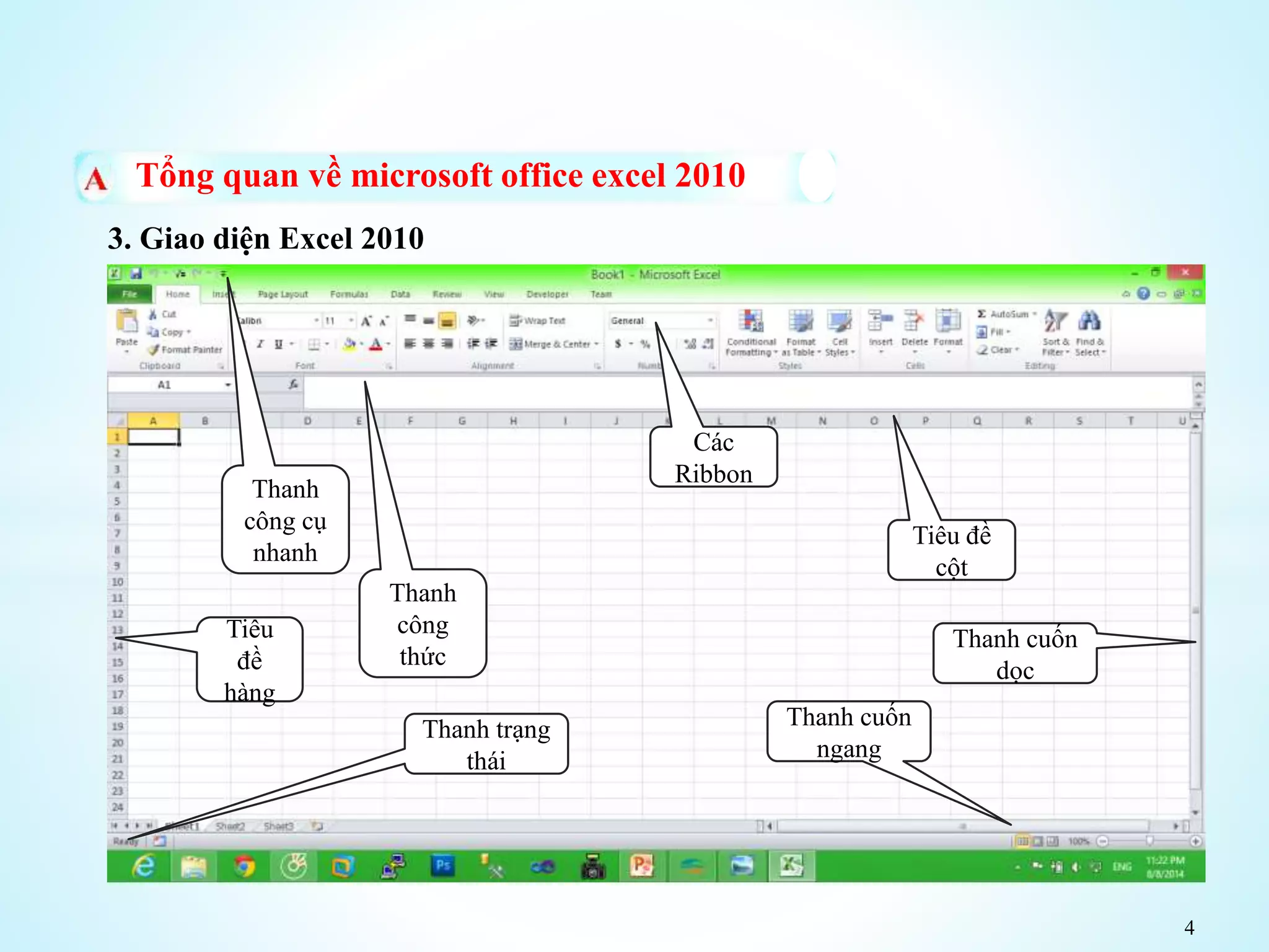 4
Tổng quan về microsoft office excel 2010
3. Giao diện Excel 2010
Thanh
công
thức
Thanh
công cụ
nhanh
Các
Ribbon
Tiêu đề
cột
Tiêu
đề
hàng
Thanh cuốn
dọc
Thanh cuốn
ngang
Thanh trạng
thái
 