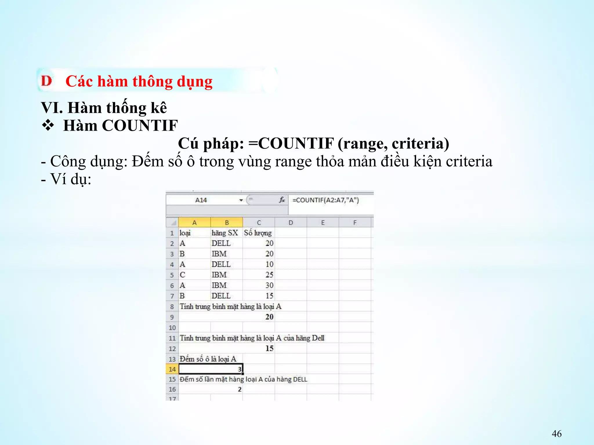 46
Các hàm thông dụng
VI. Hàm thống kê
 Hàm COUNTIF
Cú pháp: =COUNTIF (range, criteria)
- Công dụng: Đếm số ô trong vùng range thỏa mản điều kiện criteria
- Ví dụ:
 