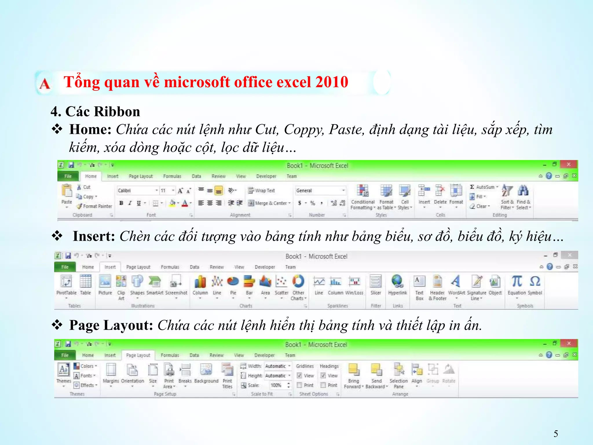 5
Tổng quan về microsoft office excel 2010
4. Các Ribbon
 Home: Chứa các nút lệnh như Cut, Coppy, Paste, định dạng tài liệu, sắp xếp, tìm
kiếm, xóa dòng hoặc cột, lọc dữ liệu…
 Insert: Chèn các đối tượng vào bảng tính như bảng biểu, sơ đồ, biểu đồ, ký hiệu…
 Page Layout: Chứa các nút lệnh hiển thị bảng tính và thiết lập in ấn.
 