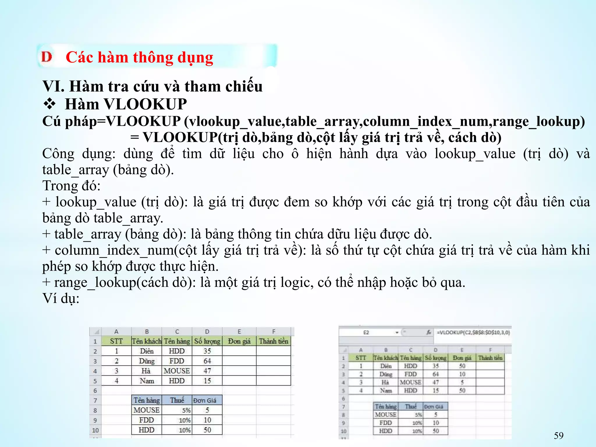 59
Các hàm thông dụng
VI. Hàm tra cứu và tham chiếu
 Hàm VLOOKUP
Cú pháp=VLOOKUP (vlookup_value,table_array,column_index_num,range_lookup)
= VLOOKUP(trị dò,bảng dò,cột lấy giá trị trả về, cách dò)
Công dụng: dùng để tìm dữ liệu cho ô hiện hành dựa vào lookup_value (trị dò) và
table_array (bảng dò).
Trong đó:
+ lookup_value (trị dò): là giá trị được đem so khớp với các giá trị trong cột đầu tiên của
bảng dò table_array.
+ table_array (bảng dò): là bảng thông tin chứa dữu liệu được dò.
+ column_index_num(cột lấy giá trị trả về): là số thứ tự cột chứa giá trị trả về của hàm khi
phép so khớp được thực hiện.
+ range_lookup(cách dò): là một giá trị logic, có thể nhập hoặc bỏ qua.
Ví dụ:
 