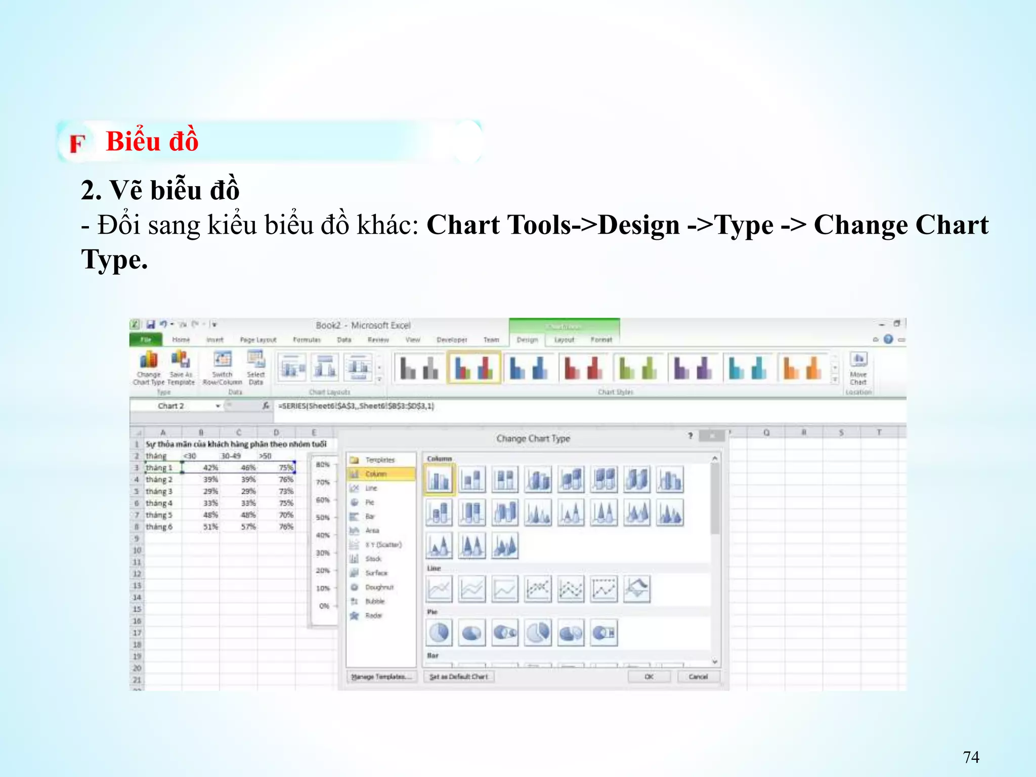 74
Biểu đồ
2. Vẽ biễu đồ
- Đổi sang kiểu biểu đồ khác: Chart Tools->Design ->Type -> Change Chart
Type.
 