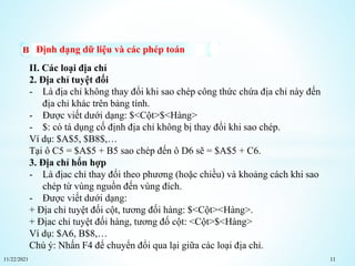 11/22/2021 11
Định dạng dữ liệu và các phép toán
II. Các loại địa chỉ
2. Địa chỉ tuyệt đối
- Là địa chỉ không thay đổi khi sao chép công thức chứa địa chỉ này đến
địa chỉ khác trên bảng tính.
- Được viết dưới dạng: $<Cột>$<Hàng>
- $: có tá dụng cố định địa chỉ không bị thay đổi khi sao chép.
Ví dụ: $A$5, $B8$,…
Tại ô C5 = $A$5 + B5 sao chép đến ô D6 sẽ = $A$5 + C6.
3. Địa chỉ hổn hợp
- Là địac chỉ thay đổi theo phương (hoặc chiều) và khoảng cách khi sao
chép từ vùng nguồn đến vùng đích.
- Được viết dưới dạng:
+ Địa chỉ tuyệt đối cột, tương đối hàng: $<Cột><Hàng>.
+ Địac chỉ tuyệt đối hàng, tương đố cột: <Cột>$<Hàng>
Ví dụ: $A6, B$8,…
Chú ý: Nhấn F4 để chuyển đổi qua lại giữa các loại địa chỉ.
 