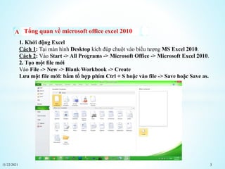 11/22/2021 3
Tổng quan về microsoft office excel 2010
1. Khởi động Excel
Cách 1: Tại màn hình Desktop kích đúp chuột vào biểu tượng MS Excel 2010.
Cách 2: Vào Start -> All Programs -> Microsoft Office -> Microsoft Excel 2010.
2. Tạo một file mới
Vào File -> New -> Blank Workbook -> Create
Lưu một file mới: bấm tổ hợp phím Ctrl + S hoặc vào file -> Save hoặc Save as.
 