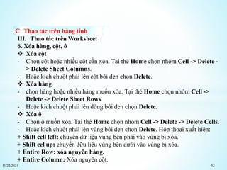 11/22/2021 32
Thao tác trên bảng tính
III. Thao tác trên Worksheet
6. Xóa hàng, cột, ô
 Xóa cột
- Chọn cột hoặc nhiều cột cần xóa. Tại thẻ Home chọn nhóm Cell -> Delete -
> Delete Sheet Columns.
- Hoặc kích chuột phải lên cột bôi đen chọn Delete.
 Xóa hàng
- chọn hàng hoặc nhiều hàng muốn xóa. Tại thẻ Home chọn nhóm Cell ->
Delete -> Delete Sheet Rows.
- Hoặc kích chuột phải lên dòng bôi đen chọn Delete.
 Xóa ô
- Chọn ô muốn xóa. Tại thẻ Home chọn nhóm Cell -> Delete -> Delete Cells.
- Hoặc kích chuột phải lên vùng bôi đen chọn Delete. Hộp thoại xuất hiện:
+ Shift cell left: chuyển dữ liệu vùng bên phải vào vùng bị xóa.
+ Shift cel up: chuyển dữu liệu vùng bên dưới vào vùng bị xóa.
+ Entire Row: xóa nguyên hàng.
+ Entire Column: Xóa nguyên cột.
 
