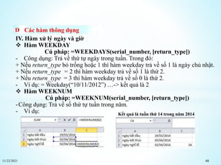 11/22/2021 48
Các hàm thông dụng
IV. Hàm xử lý ngày và giờ
 Hàm WEEKDAY
Cú pháp: =WEEKDAYS(serial_number, [return_type])
- Công dụng: Trả về thứ tự ngày trong tuần. Trong đó:
+ Nếu return_type bỏ trống hoặc 1 thì hàm weekday trả về số 1 là ngày chủ nhật.
+ Nếu return_type = 2 thì hàm weekday trả về số 1 là thứ 2.
+ Nếu return_type = 3 thì hàm weekday trả về số 0 là thứ 2.
- Ví dụ: = Weekday(“10/11/2012”) …-> kết quả là 2
 Hàm WEEKNUM
Cú pháp: =WEEKNUM(serial_number, [return_type])
-Công dụng: Trả về số thứ tự tuần trong năm.
- Ví dụ: Kết quả là tuần thứ 14 trong năm 2014
 
