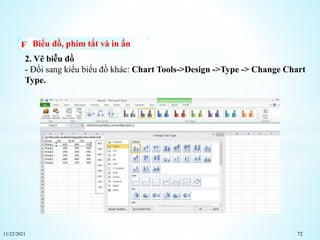 11/22/2021 72
Biểu đồ, phím tắt và in ấn
2. Vẽ biễu đồ
- Đổi sang kiểu biểu đồ khác: Chart Tools->Design ->Type -> Change Chart
Type.
 