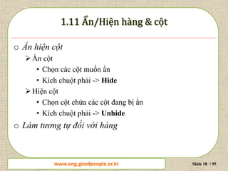 www.daytinhoc.net Trung tâm Tin học Thực hành VT Slide 18 / 95
o Ẩn hiện cột
Ẩn cột
• Chọn các cột muốn ẩn
• Kích chuột phải -> Hide
Hiện cột
• Chọn cột chứa các cột đang bị ẩn
• Kích chuột phải -> Unhide
o Làm tương tự đối với hàng
www.eng.goodpeople.or.kr
 