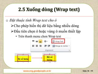 www.daytinhoc.net Trung tâm Tin học Thực hành VT Slide 30 / 95
o Đặt thuộc tính Wrap text cho ô
Cho phép hiển thị dữ liệu bằng nhiều dòng
Đầu tiên chọn ô hoặc vùng ô muốn thiết lập
• Trên thanh menu chon Wrap text
www.eng.goodpeople.or.kr
 