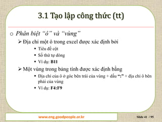 www.daytinhoc.net Trung tâm Tin học Thực hành VT Slide 41 / 95
o Phân biệt “ô” và “vùng”
Địa chỉ một ô trong excel được xác định bởi
 Tiêu đề cột
 Số thứ tự dòng
 Ví dụ: B11
Một vùng trong bảng tính được xác định bằng
 Địa chỉ của ô ở góc bên trái của vùng + dấu “:” + địa chỉ ô bên
phải của vùng
 Ví dụ: F4:F9
www.eng.goodpeople.or.kr
 