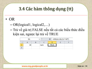 www.daytinhoc.net Trung tâm Tin học Thực hành VT Slide 64 / 95
• OR
– OR(logical1, logical2,…)
– Trả về giá trị FALSE nếu tất cả các biểu thức điều
kiện sai, ngược lại trả về TRUE
www.eng.goodpeople.or.kr
 