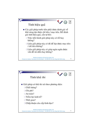 WWW.NANGSUATCHATLUONG.VN
Productivity Quality Documents Free Download – Tải Miễn Phí Tài Liệu Năng Suất Chất Lượng 54
Tính hieäu quaû
n Caùc giaûi phaùp tröôùc tieân phaûi ñöôïc ñaùnh giaù veà
khaû naêng ñaït ñöôïc chæ tieâu / muïc tieâu. Ñeå ñaùnh
giaù tính hieäu quaû, caàn töï hoûi:
¨Vieäc tieán haønh giaûi phaùp naøy coù toát hay
khoâng?
¨Lieäu giaûi phaùp naøy coù ñuû ñeå ñaït ñöôïc muïc tieâu
/ chæ tieâu khoâng?
¨Lieäu giaûi phaùp naøy coù giuùp ngaên ngöøa ñöôïc
vaán ñeà taùi dieãn hay khoâng?
WWW.NANGSUATCHATLUONG.VN
Productivity Quality Documents Free Download – Tải Miễn Phí Tài Liệu Năng Suất Chất Lượng 55
Tính khaû thi
n Giaûi phaùp coù khaû thi xeùt theo phöông dieän:
¨Chaát löôïng?
¨Chi phí?
¨An toaøn?
¨Tieàm löïc kinh teá?
¨Thôøi gian?
¨Chaáp thuaän cuûa caáp laõnh ñaïo?
 