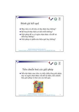 WWW.NANGSUATCHATLUONG.VN
Productivity Quality Documents Free Download – Tải Miễn Phí Tài Liệu Năng Suất Chất Lượng 72
Ñaùnh giaù keát quaû
n Muïc tieâu vaø chæ tieâu coù ñaït ñöôïc hay khoâng?
n Keá hoaïch thöïc hieän coù tieán trieån khoâng?
n Giaûi phaùp ñeà ra coù ngaên chaän ñöôïc vaán ñeà taùi
dieãn hay khoâng?
n Giaûi phaùp coù phaàn naøo hieäu quaû hay khoâng?
WWW.NANGSUATCHATLUONG.VN
Productivity Quality Documents Free Download – Tải Miễn Phí Tài Liệu Năng Suất Chất Lượng 73
Tieâu chuaån hoaù caùc giaûi phaùp
n Neáu ñaït ñöôïc muïc tieâu vaø chaéc chaén raèng giaûi phaùp
naøy seõ ngaên chaän ñöôïc vaán ñeà taùi dieãn, tieâu chuaån
hoùa giaûi phaùp vaø baùo caùo caùc keát quaû.
 