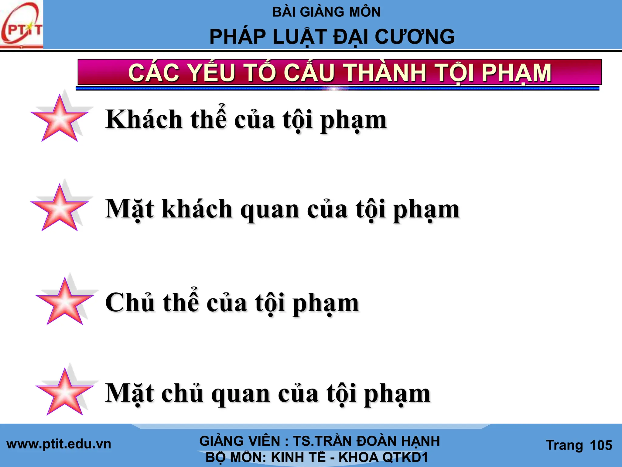 BÀI GIẢNG MÔN
LỊCH SỬ CÁC HỌC THUYẾT KINH TẾ
www.ptit.edu.vn GIẢNG VIÊN: TS. NGUYỄN VĂN A
BỘ MÔN: KINH TẾ - KHOA QTKD1
Trang #
PHÁP LUẬT ĐẠI CƯƠNG
GIẢNG VIÊN : TS.TRẦN ĐOÀN HẠNH Trang 105
CÁC YẾU TỐ CẤU THÀNH TỘI PHẠM
Khách thể của tội phạm
Mặt khách quan của tội phạm
Chủ thể của tội phạm
Mặt chủ quan của tội phạm
 