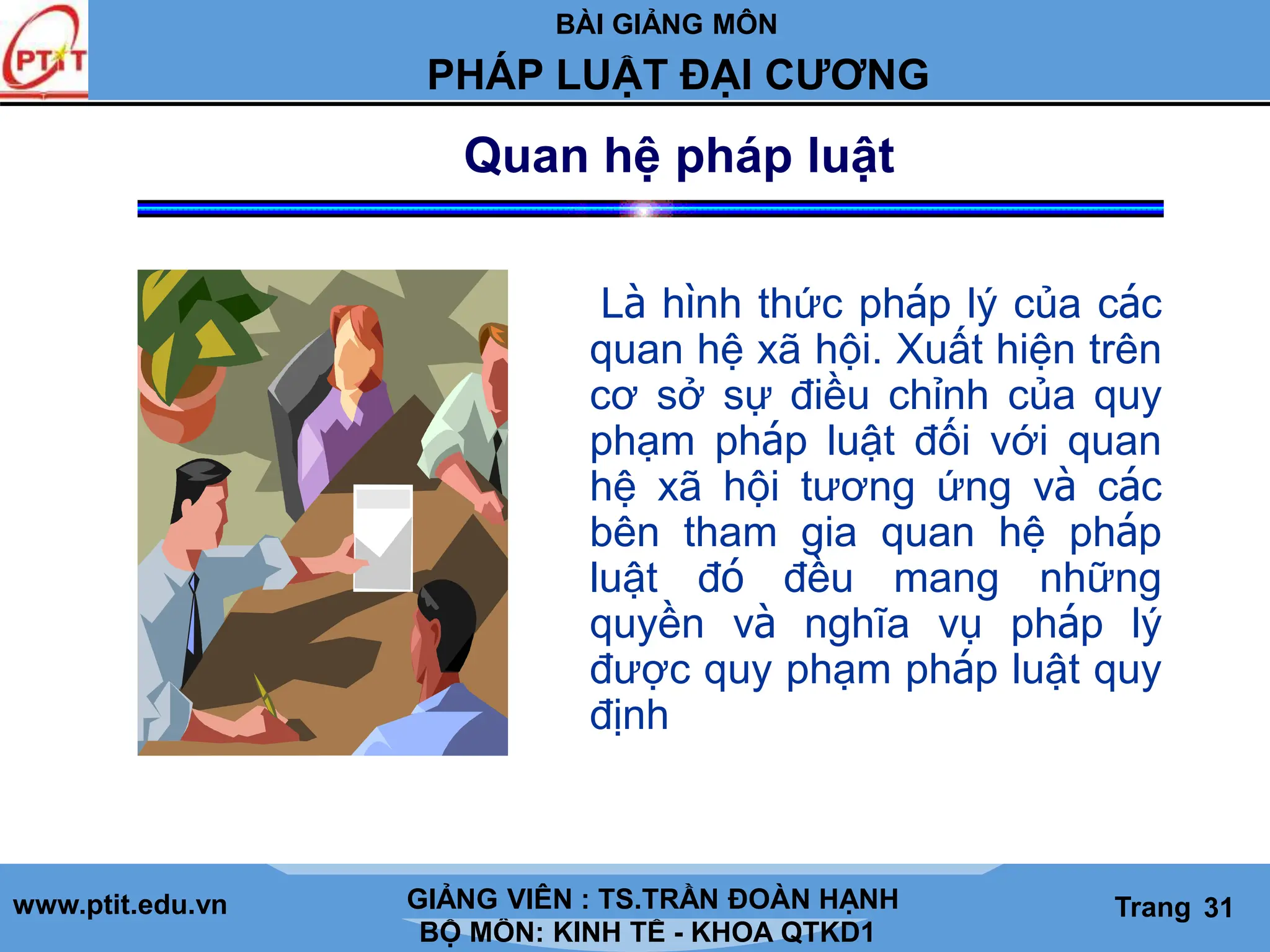 BÀI GIẢNG MÔN
LỊCH SỬ CÁC HỌC THUYẾT KINH TẾ
www.ptit.edu.vn GIẢNG VIÊN: TS. NGUYỄN VĂN A
BỘ MÔN: KINH TẾ - KHOA QTKD1
Trang #
PHÁP LUẬT ĐẠI CƯƠNG
GIẢNG VIÊN : TS.TRẦN ĐOÀN HẠNH Trang 31
Quan hệ pháp luật
Là hình thức pháp lý của các
quan hệ xã hội. Xuất hiện trên
cơ sở sự điều chỉnh của quy
phạm pháp luật đối với quan
hệ xã hội tương ứng và các
bên tham gia quan hệ pháp
luật đó đều mang những
quyền và nghĩa vụ pháp lý
được quy phạm pháp luật quy
định
 