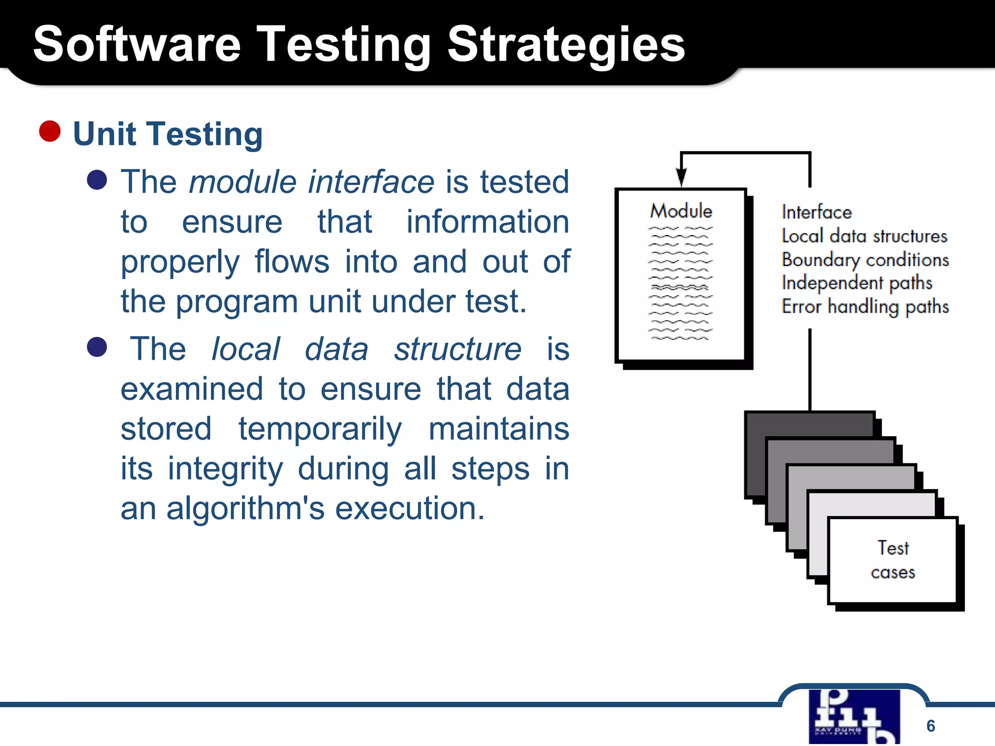 Software Testing Strategies
6
●Unit Testing
● The module interface is tested
to ensure that information
properly flows into and out of
the program unit under test.
● The local data structure is
examined to ensure that data
stored temporarily maintains
its integrity during all steps in
an algorithm's execution.
 