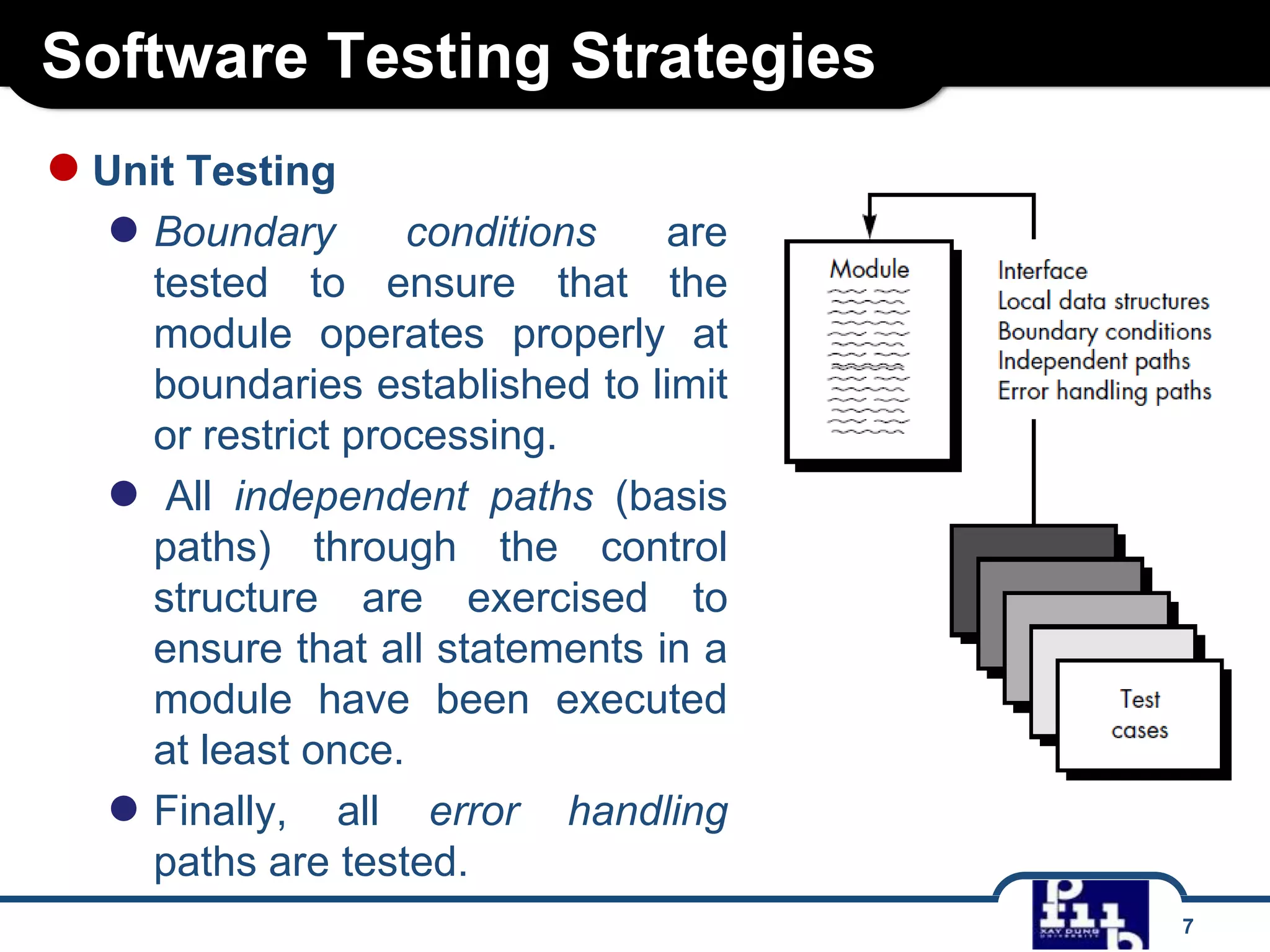 Software Testing Strategies
7
●Unit Testing
● Boundary conditions are
tested to ensure that the
module operates properly at
boundaries established to limit
or restrict processing.
● All independent paths (basis
paths) through the control
structure are exercised to
ensure that all statements in a
module have been executed
at least once.
● Finally, all error handling
paths are tested.
 