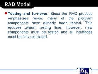 RAD Model

● Testing

and turnover. Since the RAD process
emphasizes reuse, many of the program
components have already been tested. This
reduces overall testing time. However, new
components must be tested and all interfaces
must be fully exercised.

14

 