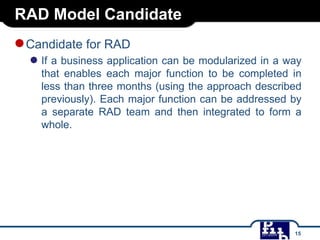 RAD Model Candidate

● Candidate for RAD

● If a business application can be modularized in a way
that enables each major function to be completed in
less than three months (using the approach described
previously). Each major function can be addressed by
a separate RAD team and then integrated to form a
whole.

15

 