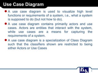 Use Case Diagram

●A

use case diagram is used to visualize high level
functions or requirements of a system, i.e., what a system
is supposed to do (but not how to do).
● A use case diagram contains primarily actors and use
cases. Actors are entities that interact with the system,
while use cases are a means for capturing the
requirements of a system.
● A use case diagram is a specialization of Class Diagram
such that the classifiers shown are restricted to being
either Actors or Use Cases

7

 