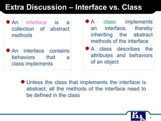 Extra Discussion – Interface vs. Class

● An

interface is a
collection of abstract
methods

● An

interface contains
behaviors
that
a
class implements

●A

class
implements
an interface, thereby
inheriting the abstract
methods of the interface
● A class describes the
attributes and behaviors
of an object

● Unless the class that implements the interface is
abstract, all the methods of the interface need to
be defined in the class

1

 