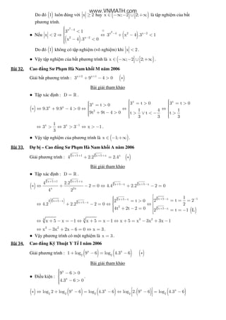 Do ó ( )1 luôn úng v i x 2≥ hay ( )x ; 2 2; ∈ −∞ − ∪ +∞   là t p nghi m c a b t
phương trình.
● N u
( )
( )
2
2
x 4
x 4 2 x 2
2 x 2
3 1
x 2 3 x 4 .3 1
x 4 .3 0
− ⊕
− −
−
 << ⇒ ⇔ + − <
 − <
Do ó ( )1 không có t p nghi m (vô nghi m) khi x 2< .
● V y t p nghi m c a b t phương trình là ( )x ; 2 2; ∈ −∞ − ∪ +∞   .
Bài	32.Bài	32.Bài	32.Bài	32. Cao ng Sư Ph m Hà Nam kh i M năm 2006
Gi i b t phương trình : ( )x 2 x 1
3 9 4 0+ +
+ − > ∗
Bài gi i tham kh o
● T p xác nh : D = » .
( )
x x
x
x x
2
3 t 0 3 t 03 t 0
9.3 9.9 4 0 1 4 1
9t 9t 4 0 t t t
3 3 3
   = > = >  = >    ∗ ⇔ + − > ⇔ ⇔ ⇔  
  + − > > ∨ < − >      
x x 11
3 3 3 x 1
3
−
⇔ > ⇔ > ⇔ > − .
● V y t p nghi m c a phương trình là ( )x 1;∈ − +∞ .
Bài	33.Bài	33.Bài	33.Bài	33. D b – Cao ng Sư Ph m Hà Nam kh i A năm 2006
Gi i phương trình : ( )
3 3x 5 1 x 5 x x
4 2.2 2.4+ + + +
+ = ∗
Bài gi i tham kh o
● T p xác nh : D = » .
( )
3 3
3 3
x 5 1 x 5 x
x 5 x x 5 x
x 2x
4 2.2
2 0 4.4 2.2 2 0
4 2
+ + + +
+ − + −
∗ ⇔ + − = ⇔ + − =
( )
( )
33
3
3
3
x 5 x 1x 5 x
2 x 5 x
x 5 x
2
x 5 x
1
2 t 22 t 0
4.2 2.2 2 0 2
4t 2t 2 0 2 t 1 L
+ − −+ −
+ −
+ −
+ −
  = = == > ⇔ + − = ⇔ ⇔  + − =  = = − 
3 23 3
x 5 x 1 x 5 x 1 x 5 x 3x 3x 1⇔ + − = − ⇔ + = − ⇔ + = − + −
3 2
x 3x 2x 6 0 x 3⇔ − + − = ⇔ = .
● V y phương trình có m t nghi m là x 3= .
Bài	34.Bài	34.Bài	34.Bài	34. Cao ng K Thu t Y T I năm 2006
Gi i phương trình : ( ) ( ) ( )x x
2 2
1 log 9 6 log 4.3 6+ − = − ∗
Bài gi i tham kh o
● i u ki n :
x
x
9 6 0
4.3 6 0
 − >
 − >
.
( ) ( ) ( ) ( ) ( )x x x x
2 2 2 2 2
log 2 log 9 6 log 4.3 6 log 2. 9 6 log 4.3 6 ∗ ⇔ + − = − ⇔ − = − 
 
www.VNMATH.com
 