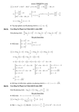 ( )
2x x
x x x 3 3
81.9 45.6 36.4 0 81. 45. 36 0
2 2
      ∗ ⇔ + − ≤ ⇔ + − ≤        
x
x
2
3 t 0
t 0 4 3 4
0 t 02 4
9 2 91 t
81t 45t 36 0 9
     >   = >     ⇔ ⇔ ⇔ < ≤ ⇔ < <       − ≤ ≤    + − ≤ 
3
2
4
x log x 2
9
⇔ ≤ ⇔ ≤ − .
● V y t p nghi m c a b t phương trình là (x ; 2∈ −∞ −  .
Bài	52.Bài	52.Bài	52.Bài	52. Cao ng Sư Ph m Lai Châu kh i A năm 2005
Gi i phương trình : ( ) ( ) ( ) ( )
2 3 3
1 1 1
4 4 4
3
log x 2 3 log 4 x log x 6
2
+ − = − + + ∗
Bài gi i tham kh o
● i u ki n :
( )
( )
( )
2
3
3
x 2 0
x 2
4 x 0
6 x 4
x 6
 + >  ≠  − > ⇔ 
 − < <  +
.
( ) ( ) ( )1 1 1 1
4 4 4 4
1
3log x 2 3.log 3log 4 x 3log x 6
4
∗ ⇔ + − = − + +
( ) ( )( )1 1
4 4
log 4 x 2 log 4 x x 6⇔ + = − +
( )( ) 2
4 x 2 4 x x 6 4 x 2 x 2x 24⇔ + = − + ⇔ + = − − +
2 2
2 2
x 2 x 84x 8 x 2x 24 x 6x 16 0
x 2x 2 0 x 2
x 1 334x 8 x 2x 24 x 2x 32 0
x 2x 2 0 x 2
       = ∨ = −+ = − − + + − =         ≥ − + ≥ ≥ −       ⇔ ⇔ ⇔       = ±+ = + − − − =           < −+ < < −        
x 2
x 1 33
 =⇔ 
= −
.
● K t h p v i i u ki n, nghi m c a phương trình là x 2 x 1 33= ∨ = − .
Bài	53.Bài	53.Bài	53.Bài	53. Cao ng Sư Ph m Lai Châu kh i B năm 2005
Gi i b t phương trình : ( ) ( ) ( )2 x 1
5
log x 1 log 2
2+
+ + ≥ ∗
Bài gi i tham kh o
● i u ki n : 0 x 1 1 1 x 0< + ≠ ⇔ − < ≠ .
( ) ( )
( )
( )2
2
1 5
log x 1 0
2log x 1
∗ ⇔ + + − ≥ ∗ ∗
+
● t ( )2
t log x 1= + . Khi ó : ( ) 21 5
t 0 2t 5t 2 0
t 2
∗ ∗ ⇔ + − ≥ ⇔ − + ≥
www.VNMATH.com
 