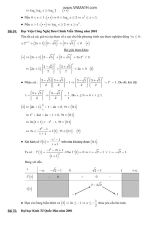 ( )a a a
log log x log 2⇔ ≥ ∗ ∗
● N u ( ) 2
a
0 a 1 : 0 log x 2 a x 1< < ∗ ∗ ⇔ < ≤ ⇔ ≤ < .
● N u ( ) 2
a
a 1 : log x 2 x a> ∗ ∗ ⇔ ≥ ⇔ ≥ .
Bài	69.Bài	69.Bài	69.Bài	69. H c Vi n Công Ngh Bưu Chính Vi n Thông năm 2001
Tìm t t c các giá tr c a tham s a sao cho b t phương trình sau ư c nghi m úng x 0∀ ≤ :
( ) ( ) ( ) ( )
x x
x 1
a.2 2a 1 . 3 5 3 5 0+
+ + − + + < ∗
Bài gi i tham kh o
( ) ( ) ( ) ( )
x x
x
2a 1 . 3 5 3 5 2a.2 0∗ ⇔ + − + + + <
( ) ( )
x x
3 5 3 5
2a 1 . 2a 0 1
2 2
    − +   ⇔ + + + <         
● Nh n xét :
x x
x3 5 3 5 3 5 3 5
1 1 1
2 2 2 2
         − + − +         = ⇔ = =                        
. Do ó, khi t
x x
3 5 3 5 1
t
2 2 t
    + −   = ⇒ =         
. Do x 0 0 t 1≤ ⇒ < ≤ .
( ) ( ) (
1
1 2a 1 . t 2a 0, t 0;1
t
⇔ + + + < ∀ ∈ 
(2
t 2at 2a 1 0, t 0;1⇔ + + + < ∀ ∈ 
( ) (2
2a t 1 t 1, t 0;1⇔ + < − − ∀ ∈ 
( ) ( ( )
2
t 1
2a f t , t 0;1 2
t 1
− − ⇔ < = ∀ ∈ +
● Xét hàm s ( )
2
t 1
f t
t 1
− −
=
+
trên n a kho ng o n (0;1
 .
Ta có : ( )
( )
2
2
t 2t 1
f ' t
t 1
− − +
=
+
. Cho ( )f ' t 0 t 2 1 t 2 1= ⇔ = − ∨ = − − .
B ng xét d u
t −∞ 2 1− − 0 2 1− 1 +∞
( )f ' t − 0 + 0 −
( )f t
2 2 2−
1− 1−
● D a vào b ng bi n thiên và ( )2
1
2a 1 a
2
⇒ ≤ − ⇔ ≤ − th a yêu c u bài toán.
Bài	70.Bài	70.Bài	70.Bài	70. i h c Kinh T Qu c Dân năm 2001
www.VNMATH.com
 