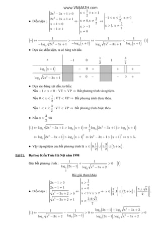 ● i u ki n :
2
2
1
x x 12x 3x 1 0
2 1
1 x , x 032x 3x 1 1 2x 0, x
2 3x 1 0 x 1, xx 1
2x 1 1
x 0
 < ∨ > − + >      − < < ≠ − + ≠   ≠ ≠⇔ ⇔   + >   > ≠  > −  + ≠   ≠
.
( )
( ) ( )
( )2 2
3 33 3
1 1 1 1
1
log x 1 log x 1log 2x 3x 1 log 2x 3x 1
∗ ⇔ > ⇔ <
− + +− − + − +
● D a vào i u ki n, ta có b ng xét d u
x 1− 0
1
2
1
3
2
( )3
log x 1+ − 0 + + +
2
3
log 2x 3x 1− + + 0 − − 0 +
● D a vào b ng xét d u, ta th y:
N u 1 x 0 :− < < VT VP> ⇒ B t phương trình vô nghi m.
N u
1
0 x : VT VP
2
< < < ⇒ B t phương trình ư c th a.
N u
3
1 x : VT VP
2
< < < ⇒ B t phương trình ư c th a.
● N u
3
x
2
> thì
( ) ( ) ( ) ( )2 2
3 3 3 3
1
1 log 2x 3x 1 log x 1 log 2x 3x 1 log x 1
2
⇔ − + > + ⇔ − + > +
( ) ( ) ( )
2 22 2
3 3
log 2x 3x 1 log x 1 2x 3x 1 x 1 x 5⇔ − + > + ⇔ − + > + ⇔ > .
● V y t p nghi m c a b t phương trình là ( )
1 3
x 0; 1; 5;
2 2
      ∈ ∪ ∪ +∞        
.
Bài	81.Bài	81.Bài	81.Bài	81. i h c Ki n Trúc Hà N i năm 1998
Gi i b t phương trình :
( )
( )2
1 2
2
1 1
0 1
log 2x 1 log x 3x 2
+ >
− − +
Bài gi i tham kh o
● i u ki n : 2
2
1
x2x 1 0
2
2x 1 1 x 0
x 1 x 2x 3x 2 0
3 5x 3x 2 1 x
2
 >− >    − ≠ ≠  ⇔ ⇒  < ∨ > − + >    ± − + ≠  ≠ 
( )
1 3 5
x ;1 2; 
2 2
     ±     ∈ ∪ +∞             
.
( )
( )
( )
( )
2
2 2
2 2
22 2 2
log 2x 1 log x 3x 21 1
1 0 0
log 2x 1log x 3x 2 log 2x 1 .log x 3x 2
− − − +
⇔ − > ⇔ >
−− + − − +
www.VNMATH.com
 