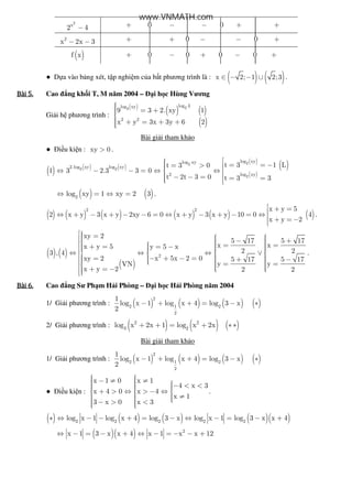 2
x
2 4− + 0 − − 0 + +
2
x 2x 3− − + + 0 − − 0 +
( )f x + 0 − 0 + 0 − 0 +
● D a vào b ng xét, t p nghi m c a b t phương trình là : ( ) ( )x 2; 1 2;3∈ − − ∪ .
Bài	5.Bài	5.Bài	5.Bài	5. Cao ng kh i T, M năm 2004 – i h c Hùng Vương
Gi i h phương trình :
( )
( ) ( )
( )
22
log 3log xy
2 2
9 3 2. xy 1
x y 3x 3y 6 2
 = +
 + = + +
Bài gi i tham kh o
● i u ki n : xy 0> .
( ) ( ) ( )
( )
( )
( )
22
2 2
2
log xylog xy
2.log xy log xy
2 log xy
t 3 1 Lt 3 0
1 3 2.3 3 0
t 2t 3 0 t 3 3
 = = −= > ⇔ − − = ⇔ ⇔ 
 − − = = =  
( ) ( )2
log xy 1 xy 2 3⇔ = ⇔ = .
( ) ( ) ( ) ( ) ( ) ( )
2 2 x y 5
2 x y 3 x y 2xy 6 0 x y 3 x y 10 0 4
x y 2
 + =⇔ + − + − − = ⇔ + − + − = ⇔  + = −
.
( ) ( )
( )
2
xy 2
5 17 5 17
x xx y 5 y 5 x
2 23 , 4
x 5x 2 0xy 2 5 17 5 17
y yVN
x y 2 2 2
 =    − +    = = + = = −      ⇔ ⇔ ⇔ ∨       − + − == + −      = =   + = −   
.
Bài	6.Bài	6.Bài	6.Bài	6. Cao ng Sư Ph m H i Phòng – i h c H i Phòng năm 2004
1/ Gi i phương trình : ( ) ( ) ( ) ( )
2
2 1 2
2
1
log x 1 log x 4 log 3 x
2
− + + = − ∗
2/ Gi i phương trình : ( ) ( ) ( )2 2
3 2
log x 2x 1 log x 2x+ + = + ∗ ∗
Bài gi i tham kh o
1/ Gi i phương trình : ( ) ( ) ( ) ( )
2
2 1 2
2
1
log x 1 log x 4 log 3 x
2
− + + = − ∗
● i u ki n :
x 1 0 x 1
4 x 3
x 4 0 x 4
x 1
3 x 0 x 3
  − ≠ ≠    − < < + > ⇔ > − ⇔  
   ≠  − > <   
.
( ) ( ) ( )2 2 2
log x 1 log x 4 log 3 x∗ ⇔ − − + = − ( )( )2 2
log x 1 log 3 x x 4⇔ − = − +
( )( )x 1 3 x x 4⇔ − = − + 2
x 1 x x 12⇔ − = − − +
www.VNMATH.com
 