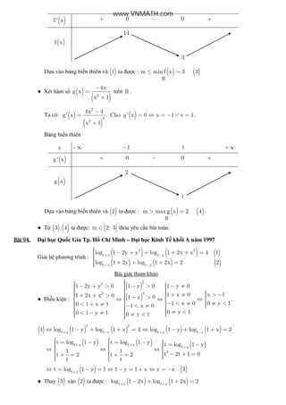 ( )f ' x + 0 − 0 +
( )f x
14
3
D a vào b ng bi n thiên và ( )1 ta ư c : ( ) ( )m min f x 3 3≤ =
»
● Xét hàm s ( )
( )2
4x
g x
x 1
−
=
+
trên » .
Ta có: ( )
( )
( )
2
2
2
4x 4
g' x . Cho g' x 0 x 1 x 1
x 1
−
= = ⇔ = − ∨ =
+
.
B ng bi n thiên
x −∞ 1− 1 +∞
( )g' x + 0 − 0 +
( )g x
2
1
D a vào b ng bi n thiên và ( )2 ta ư c : ( ) ( )gm max x 2 4> =
»
.
● T ( ) ( )3 , 4 ta ư c: (m 2; 3∈  th a yêu c u bài toán.
Bài	94.Bài	94.Bài	94.Bài	94. i h c Qu c Gia Tp. H Chí Minh – i h c Kinh T kh i A năm 1997
Gi i h phương trình :
( ) ( ) ( )
( ) ( ) ( )
2 2
1 x 1 y
1 x 1 y
log 1 2y y log 1 2x x 4 1
log 1 2y log 1 2x 2 2
+ −
+ −
 − + + + + =
 + + + =
Bài gi i tham kh o
● i u ki n :
( )
( )
22
2 2
1 2y y 0 1 y 0 1 y 0
1 x 0 x 11 2x x 0 1 x 0
1 x 0 0 y 10 1 x 1 1 x 0
0 y 10 1 y 1 0 y 1
   − + > − > − ≠        + ≠ > − + + >   + >⇔ ⇔ ⇔   
   − < ≠ ≠ << + ≠   − < ≠      ≠ << − ≠  ≠ <   
.
( ) ( ) ( ) ( ) ( )
2 2
1 x 1 y 1 x 1 y
1 log 1 y log 1 x 4 log 1 y log 1 x 2+ − + −
⇔ − + + = ⇔ − + + =
( ) ( ) ( )1 x 1 x
1 x
2
t log 1 y t log 1 y t log 1 y
1 1
t 2t 1 0t 2 t 2
t t
+ +
+
  = − = −   = −   ⇔ ⇔ ⇔  
   − + =+ = + =     
( ) ( )1 x
t log 1 y 1 1 y 1 x y x 3+
⇔ = − = ⇔ − = + ⇔ = −
● Thay ( )3 vào ( )2 ta ư c : ( ) ( )1 x 1 x
log 1 2x log 1 2x 2+ +
− + + =
www.VNMATH.com
 