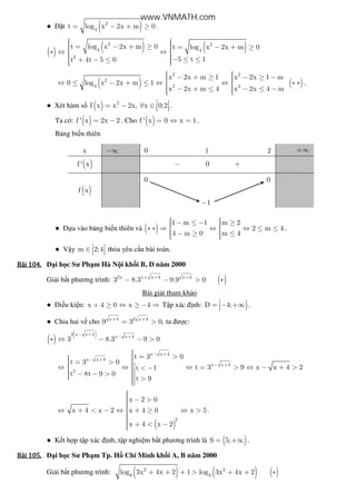 ● t ( )2
4
t log x 2x m 0= − + ≥ .
( ) ( ) ( )2 2
4 4
2
t log x 2x m 0 t log x 2x m 0
5 t 1t 4t 5 0
   = − + ≥ = − + ≥ ∗ ⇔ ⇔ 
 − ≤ ≤ + − ≤ 
( ) ( )
2 2
2
4 2 2
x 2x m 1 x 2x 1 m
0 log x 2x m 1
x 2x m 4 x 2x 4 m
  − + ≥ − ≥ −  ⇔ ≤ − + ≤ ⇔ ⇔ ∗ ∗ 
 − + ≤ − ≤ −   
.
● Xét hàm s ( ) 2
f x x 2x, x 0;2 = − ∀ ∈    .
Ta có: ( )f ' x 2x 2= − . Cho ( )f ' x 0 x 1= ⇔ = .
B ng bi n thiên
x −∞ 0 1 2 +∞
( )f ' x − 0 +
( )f x
0 0
1−
● D a vào b ng bi n thiên và ( )
1 m 1 m 2
2 m 4
4 m 0 m 4
  − ≤ − ≥ ∗ ∗ ⇒ ⇔ ⇔ ≤ ≤ 
 − ≥ ≤  
.
● V y m 2;4 ∈    th a yêu c u bài toán.
Bài	104.Bài	104.Bài	104.Bài	104. i h c Sư Ph m Hà N i kh i B, D năm 2000
Gi i b t phương trình: ( )2x x x 4 x 4
3 8.3 9.9 0+ + +
− − > ∗
Bài gi i tham kh o
● i u ki n: x 4 0 x 4+ ≥ ⇔ ≥ − ⇒ T p xác nh: )D 4;= − +∞ .
● Chia hai v cho x 4 2 x 4
9 3 0,+ +
= > ta ư c:
( ) ( )2 x x 4 x x 4
3 8.3 9 0
− + − +
∗ ⇔ − − >
x x 4
x x 4
x x 4
2
t 3 0
t 3 0
t 3 9 x x 4 2t 1
t 8t 9 0
t 9
− +
− +
− +
 = > = >  ⇔ ⇔ ⇔ = > ⇔ − + >< −  − − >   >
( )
2
x 2 0
x 4 x 2 x 4 0 x 5
x 4 x 2
 − >⇔ + < − ⇔ + ≥ ⇔ >
 + < −
.
● K t h p t p xác nh, t p nghi m b t phương trình là ( )S 5;= +∞ .
Bài	105.Bài	105.Bài	105.Bài	105. i h c Sư Ph m Tp. H Chí Minh kh i A, B năm 2000
Gi i b t phương trình: ( ) ( ) ( )2 2
9 3
log 3x 4x 2 1 log 3x 4x 2+ + + > + + ∗
www.VNMATH.com
 