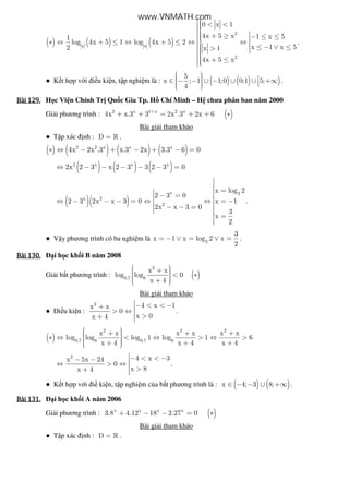 ( ) ( ) ( )
2
x x
2
0 x 1
4x 5 x 1 x 51
log 4x 5 1 log 4x 5 2
x 1 x 52 x 1
4x 5 x
 < <  + ≥ − ≤ ≤ ∗ ⇔ + ≤ ⇔ + ≤ ⇔ ⇔  ≤ − ∨ ≤ >  
 + ≤
.
● K t h p v i i u ki n, t p nghi m là : ( ) ( ) )
5
x ; 1 1;0 0;1 5;
4
  ∈ − − ∪ − ∪ ∪ +∞    
.
Bài	129.Bài	129.Bài	129.Bài	129. H c Vi n Chính Tr Qu c Gia Tp. H Chí Minh – H chưa phân ban năm 2000
Gi i phương trình : ( )2 x 1 x 2 x
4x x.3 3 2x .3 2x 6+
+ + = + + ∗
Bài gi i tham kh o
● T p xác nh : D = » .
( ) ( ) ( ) ( )2 2 x x x
4x 2x .3 x.3 2x 3.3 6 0∗ ⇔ − + − + − =
( ) ( ) ( )2 x x x
2x 2 3 x 2 3 3 2 3 0⇔ − − − − − =
( )( )
x 3
x 2
2
x log 2
2 3 0
2 3 2x x 3 0 x 1
2x x 3 0
3
x
2


= − = ⇔ − − − = ⇔ ⇔ = −
− − =
 
=

.
● V y phương trình có ba nghi m là 3
3
x 1 x log 2 x
2
= − ∨ = ∨ = .
Bài	130.Bài	130.Bài	130.Bài	130. i h c kh i B năm 2008
Gi i b t phương trình : ( )
2
0,7 6
x x
log log 0
x 4
 +   < ∗  + 
Bài gi i tham kh o
● i u ki n :
2 4 x 1x x
0
x 0x 4
− < < −+ > ⇔  >+ 
.
( )
2 2 2
0,7 6 0,7 6
x x x x x x
log log log 1 log 1 6
x 4 x 4 x 4
 + + + ∗ ⇔ < ⇔ > ⇔ >  + + + 
2 4 x 3x 5x 24
0
x 8x 4
− < < −− − ⇔ > ⇔  >+ 
.
● K t h p v i i ki n, t p nghi m c a b t phương trình là : ( ) ( )x 4; 3 8;∈ − − ∪ +∞ .
Bài	131.Bài	131.Bài	131.Bài	131. i h c kh i A năm 2006
Gi i phương trình : ( )x x x x
3.8 4.12 18 2.27 0+ − − = ∗
Bài gi i tham kh o
● T p xác nh : D = » .
www.VNMATH.com
 