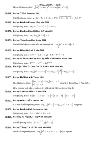 Tìm m phương trình : ( )2 2 2
2 1 4
2
log x log x 3 m log x 3+ − = −
Bài	148.Bài	148.Bài	148.Bài	148. i h c Y Thái Bình năm 2001
Gi i b t phương trình : ( )
22 x x
3x 5x 2 2x 3 .2x 3x 5x 2 2x .3− − + + > − − + +
Bài	149.Bài	149.Bài	149.Bài	149. i h c Dân L p Phương ông năm 2001
Gi i phương trình : ( )x 1 x
3
log 9 4.3 2 2x 1+
− − = +
Bài	150.Bài	150.Bài	150.Bài	150. i h c Dân L p ông ô kh i A, V năm 2001
Gi i phương trình : ( )x
x 3
log log 9 6 1 − = 
 
Bài	151.Bài	151.Bài	151.Bài	151. i h c Thăng Long kh i A năm 2001
Gi i và bi n lu n theo tham s a b t phương trình : ( )2
1
2
log x ax 1 1+ + <
Bài	152.Bài	152.Bài	152.Bài	152. i h c H ng c kh i A năm 2001
Gi i phương trình : 2x 1 x 1 x x 1
5.3 7.3 1 6.3 9 0− − +
− + − + =
Bài	153.Bài	153.Bài	153.Bài	153. i h c Sư Ph m – i h c Lu t Tp. H Chí Minh kh i A năm 2001
Gi i phương trình :
2
2 2 2log 2x log 6 log 4x
4 x 2.3− =
Bài	154.Bài	154.Bài	154.Bài	154. H c Vi n Chính Tr Qu c Gia Tp. H Chí Minh năm 2001
Gi i phương trình : ( ) ( )
3 22
27 93
1 x 1
log x 5x 6 log log x 3
2 2
 −  − + = + −   
Bài	155.Bài	155.Bài	155.Bài	155. i h c Hu kh i A, B, V năm 2001
Cho h phương trình :
( ) ( )2 a
2 2
log x y log x y 1
x y a
 + + − =
 − =
v i a là s dương khác 1. Xác nh a
h phương trình trên có nghi m duy nh t và gi i h trong trư ng h p ó.
Bài	156.Bài	156.Bài	156.Bài	156. i h c An Giang kh i A, B năm 2001
Gi i phương trình : ( ) ( ) ( ) ( )2 2
ln 2x 3 ln 4 x ln 2x 3 ln 4 x− + − = − + −
Bài	157.Bài	157.Bài	157.Bài	157. i h c à L t kh i A, B năm 2001
Xác nh m b t phương trình : ( ) ( )2 2
x m x m
log x 1 log x x 2− −
− > + − có nghi m.
Bài	158.Bài	158.Bài	158.Bài	158. i h c Dân L p Bình Dương năm 2001
Gi i phương trình : x x x
6.4 13.6 6.9 0− + =
Bài	159.Bài	159.Bài	159.Bài	159. Cao ng Sư Ph m K Thu t Vinh năm 2001
Gi i b t phương trình : ( ) ( )
x 1
x 1
x 1
5 2 5 2
−
−
+
+ ≥ −
Bài	160.Bài	160.Bài	160.Bài	160. i h c Y Dư c Tp. H Chí Minh năm 1996
Tìm m b t phương trình : ( ) ( )2
1
2
log x 2x m 3− + > − ∗ có nghi m.
www.VNMATH.com
 