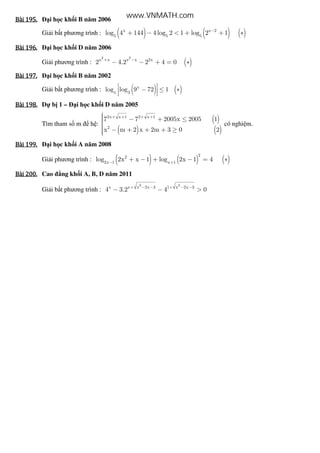 Bài	195.Bài	195.Bài	195.Bài	195. i h c kh i B năm 2006
Gi i b t phương trình : ( ) ( ) ( )x x 2
5 5 5
log 4 144 4 log 2 1 log 2 1−
+ − < + + ∗
Bài	196.Bài	196.Bài	196.Bài	196. i h c kh i D năm 2006
Gi i phương trình : ( )
2 2
x x x x 2x
2 4.2 2 4 0+ −
− − + = ∗
Bài	197.Bài	197.Bài	197.Bài	197. i h c kh i B năm 2002
Gi i b t phương trình : ( ) ( )x
x 3
log log 9 72 1 − ≤ ∗ 
 
Bài	198.Bài	198.Bài	198.Bài	198. D b 1 – i h c kh i D năm 2005
Tìm tham s m h :
( )
( ) ( )
2x x 1 2 x 1
2
7 7 2005x 2005 1
x m 2 x 2m 3 0 2
+ + + + − + ≤
 − + + + ≥
có nghi m.
Bài	199.Bài	199.Bài	199.Bài	199. i h c kh i A năm 2008
Gi i phương trình : ( ) ( ) ( )
22
2x 1 x 1
log 2x x 1 log 2x 1 4− +
+ − + − = ∗
Bài	200.Bài	200.Bài	200.Bài	200. Cao ng kh i A, B, D năm 2011
Gi i b t phương trình :
2 2
x x x 2x 3 1 x 2x 3
4 3.2 4 0+ − − + − −
− − >
www.VNMATH.com
 