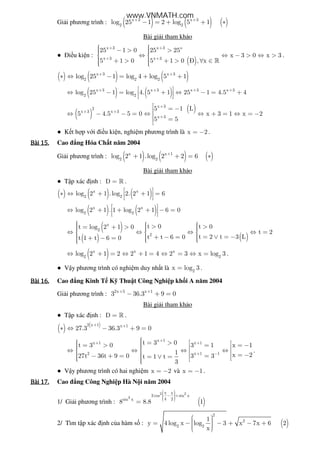 Gi i phương trình : ( ) ( ) ( )x 3 x 3
2 2
log 25 1 2 log 5 1+ +
− = + + ∗
Bài gi i tham kh o
● i u ki n :
( )
x 3 x 3 o
x 3 x 3
25 1 0 25 25
x 3 0 x 3
5 1 0 5 1 0 Ð , x
+ +
+ +
  − > >  ⇔ ⇔ − > ⇔ > 
 + > + > ∀ ∈   
»
.
( ) ( ) ( )x 3 x 3
2 2 2
log 25 1 log 4 log 5 1+ +
∗ ⇔ − = + +
( ) ( )x 3 x 3 x 3 x 3
2 2
log 25 1 log 4. 5 1 25 1 4.5 4+ + + + ⇔ − = + ⇔ − = + 
 
( ) ( )x 3
2
x 3 x 3
x 3
5 1 L
5 4.5 5 0 x 3 1 x 2
5 5
+
+ +
+
 = −⇔ − − = ⇔ ⇔ + = ⇔ = −
=

● K t h p v i i u ki n, nghi m phương trình là x 2= − .
Bài	15.Bài	15.Bài	15.Bài	15. Cao ng Hóa Ch t năm 2004
Gi i phương trình : ( ) ( ) ( )x x 1
2 2
log 2 1 .log 2 2 6+
+ + = ∗
Bài gi i tham kh o
● T p xác nh : D = » .
( ) ( ) ( )x x
2 2
log 2 1 .log 2. 2 1 6 ∗ ⇔ + + = 
 
( ) ( )x x
2 2
log 2 1 . 1 log 2 1 6 0 ⇔ + + + − = 
 
( )
( ) ( )
x
2
2
t 0 t 0t log 2 1 0
t 2
t 2 t 3 Lt t 6 0t 1 t 6 0
   > >= + >    ⇔ ⇔ ⇔ ⇔ =  
   = ∨ = −+ − =+ − =  
( )x x x
2 2
log 2 1 2 2 1 4 2 3 x log 3⇔ + = ⇔ + = ⇔ = ⇔ = .
● V y phương trình có nghi m duy nh t là 2
x log 3= .
Bài	16.Bài	16.Bài	16.Bài	16. Cao ng Kinh T K Thu t Công Nghi p kh i A năm 2004
Gi i phương trình : 2x 5 x 1
3 36.3 9 0+ +
− + =
Bài gi i tham kh o
● T p xác nh : D = » .
( ) ( )2 x 1 x 1
27.3 36.3 9 0
+ +
∗ ⇔ − + =
x 1
x 1 x 1
2 x 1 1
t 3 0t 3 0 3 1 x 1
1 x 227t 36t 9 0 3 3t 1 t
3
+
+ +
+ −
 = >  = > = = −    ⇔ ⇔ ⇔ ⇔     = −− + = == ∨ =    
.
● V y phương trình có hai nghi m x 2= − và x 1= − .
Bài	17.Bài	17.Bài	17.Bài	17. Cao ng Công Nghi p Hà N i năm 2004
1/ Gi i phương trình : ( )
2 2
3
x
2 cos sin x
4 2sin x
8 8.8 1
 π  − +   
=
2/ Tìm t p xác nh c a hàm s : ( )
2
2
2 2
1
y 4 log x log 3 x 7x 6 2
x
  = − − + − +   
www.VNMATH.com
 