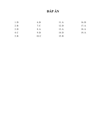 ĐÁP ÁN
1. D
2. B
3. D
4. C
5. B
6. B
7. C
8. A
9. D
10. C
11. A
12. D
13. A
14. D
15. B
16. D
17. A
18. A
19. A
 