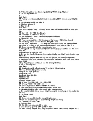 b. Khách hàng trả nợ cho doanh nghiệp bằng TM (TS tăng, TS giảm)
c. Chi tiền mặt để trả nợ
d.
ĐÁP ÁN B
17. Trường hợp nào sau đây ko thể xảy ra cho bảng CĐKT khi một ngvụ ktế phát
sinh
a. Tài sản tăng, nguồn vốn giảm Đ
b. TS giảm, NV tăng Đ
c. Cả a và b Đ
ĐÁP ÁN C
Câu 18->22: Ngày 1, tổng TS của cty là 500, nợ là 100. Đi vay 50tr để bổ sung quỹ
TM.
18. Nợ = 100 + 50 = 150. Câu đúng: b
19. TS = 500 + 50 = 550. Câu đúng: a
20. Sau nghiệp vụ 1 bảng CĐKT biến động như thế nào?
c. TS tăng, NV tăng
21. Tổng vốn chủ sở hữu = NV kinh doanh + lợi nhuận = 1250. Câu đúng: b
22. Câu đúng: d. Các câu trên đều sai. Tổng TS = 1650
23. Ghi nhận 1 ngvụ mua 1 CCDC là chi phí trong kỳ. CP tăng ảnh hưởng đến BC
KQ HĐKD -> TS giảm -> ảnh hưởng đến bảng CĐKT. Câu đúng: c. Cả a và b
24. Khoản nào sau đây sẽ nằm trong hàng tồn kho
a. Hàng gửi đi bán (ng mua chưa nhận nên vẫn thuộc quyền sở hữu của DN, chưa
thay đổi
quyền sở hữu, là hàng tồn kho)
b. Chi phí vận chuyển hàng mua (theo ngtắc giá gốc, các chi phí phát sinh khi mua
TS thì đc
tính vào trong giá gốc -> chi phí này tính vào giá gốc, chi phí này cũng là TS)
c. Hàng mua đang đi đg (hàng mà DN mua rồi đã thanh toán hoặc chấp nhận thanh
toán thì đã
có sự thay đổi quyền sở hữu, là của DN, là hàng tồn kho)
d. Tất cả nội dung trên
ĐÁP ÁN D
25. So sánh tính chất biến động của TS và NV thì thông thường
TS trong DN biến động nhiều hơn NV
Tổng TS của cty C gồm có:
TGNH + TM: 150
Quyền sử dụng đất: 300
TSCĐHH: 100
Tồn kho: 150
Tổng nợ phải trả: 250
26. b. Tổng TS = 150 + 300 + 100 + 150 = 700
27. d. Tổng VCSH = 700 - 250 = 450
28. Khoản mục nào ko thể hiện trên BC KQ HĐKD
a. Thuế nhập khẩu (nằm trong khoản giảm trừ doanh thu)
b. Hàng bán bị trả lại (nằm trong khoản giảm trừ doanh thu)
c. Chi phí phải trả (là những khoản chi phí chưa phát sinh nhưng đc tính trước vào
chi phí)
d. Chi phí tài chính
ĐÁP ÁN C
29. Khoản nào sau đây ko nằm trong hàng tồn kho:
Chi phí vận chuyển hàng bán ra (tính trong chi phí bán hàng)
30. Tính chất của bảng CĐKT
c. Tính cân bằng
31. Đặc điểm của bảng cân đối kế toán
c. phản ánh tổng quát TS & NV tại 1 thời điểm
32. DN A có tổng nợ phải thu = tổng nợ phải trả = 80tr. DN B có tổng nợ phải thu =
 