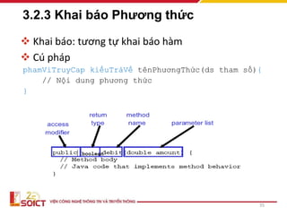 3.2.3 Khai báo Phương thức
 Khai báo: tương tự khai báo hàm
 Cú pháp
phamViTruyCap kiểuTrảVề tênPhươngThức(ds tham số){
// Nội dung phương thức
}
35
boolean
 