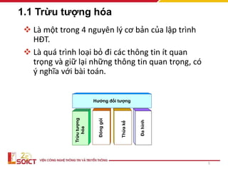 Trừu
tượng
hóa
Đa
hình
Hướng đối tượng
Đóng
gói
Thừa
kế
1.1 Trừu tượng hóa
 Là một trong 4 nguyên lý cơ bản của lập trình
HĐT.
 Là quá trình loại bỏ đi các thông tin ít quan
trọng và giữ lại những thông tin quan trọng, có
ý nghĩa với bài toán.
5
 