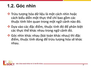 1.2. Góc nhìn
 Trừu tượng hóa dữ liệu là một cách nhìn hoặc
cách biểu diễn một thực thể chỉ bao gồm các
thuộc tính liên quan trong một ngữ cảnh nào đó.
 Dựa vào các đặc điểm, thuộc tính đó để phân biệt
các thực thể khác nhau trong ngữ cảnh đó.
 Góc nhìn khác nhau (bài toán khác nhau) thì đặc
điểm, thuộc tính dùng để trừu tượng hóa sẽ khác
nhau.
7
 