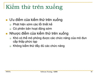 Kiểm thử trên xuống

   Ưu điểm của kiểm thử trên xuống
       Phát hiện sớm các lỗi thiết kế
       Có phiên bản hoạt động sớm
   Nhược điểm của kiểm thử trên xuống
       Khó có thể mô phỏng được các chức năng của mô đun
       cấp thấp phức tạp
       Không kiểm thử đầy đủ các chức năng




NNTu                        Software Testing S2008         14
 