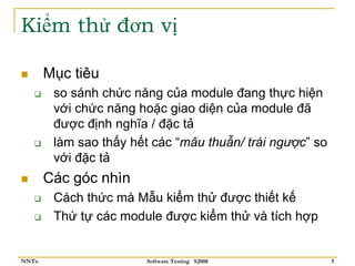 Kiểm thử đơn vị

       Mục tiêu
        so sánh chức năng của module đang thực hiện
        với chức năng hoặc giao diện của module đã
        được định nghĩa / đặc tả
        làm sao thấy hết các “mâu thuẫn/ trái ngược” so
        với đặc tả
       Các góc nhìn
        Cách thức mà Mẫu kiểm thử được thiết kế
        Thứ tự các module được kiểm thử và tích hợp


NNTu                    Software Testing S2008            5
 