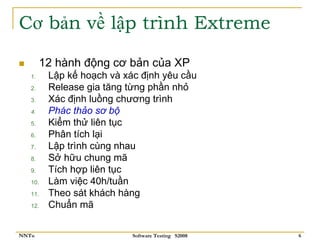 Cơ bản về lập trình Extreme

        12 hành động cơ bản của XP
   1.    Lập kế hoạch và xác định yêu cầu
   2.    Release gia tăng từng phần nhỏ
   3.    Xác định luồng chương trình
   4.    Phác thảo sơ bộ
   5.    Kiểm thử liên tục
   6.    Phân tích lại
   7.    Lập trình cùng nhau
   8.    Sở hữu chung mã
   9.    Tích hợp liên tục
   10.   Làm việc 40h/tuần
   11.   Theo sát khách hàng
   12.   Chuẩn mã

NNTu                       Software Testing S2008   6
 